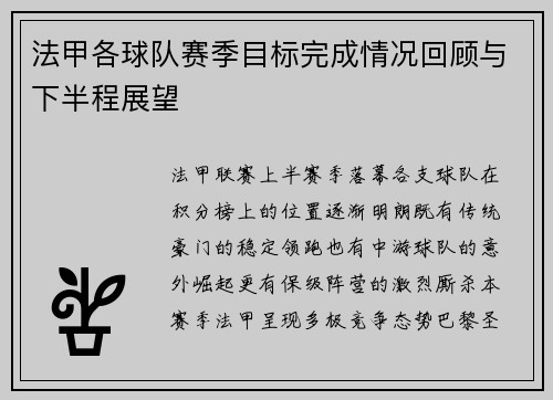 法甲各球队赛季目标完成情况回顾与下半程展望