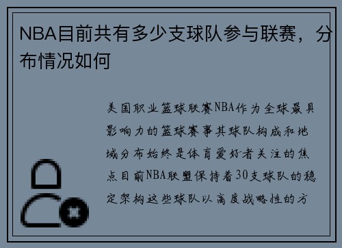 NBA目前共有多少支球队参与联赛，分布情况如何